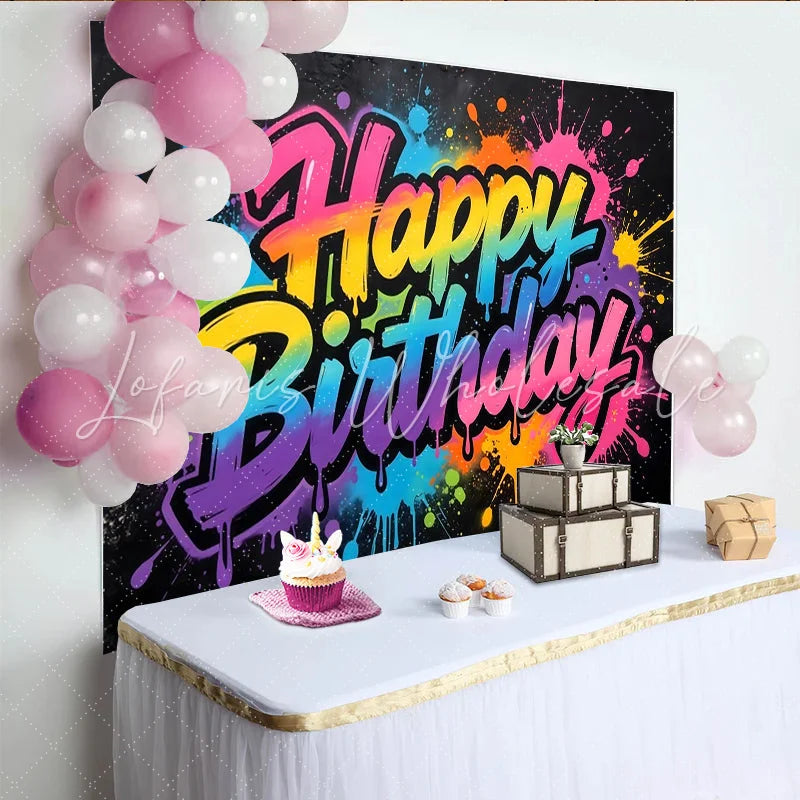 Lofaris Graffiti Rainbow Happy Birthday Backdrop with Colorful Paint Splatters Vibrant Party Background for Photo Booth Decor