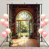 Lofaris Grand Arch Window Library Backdrop Bookshelf and Indoor Plants with Forest View for Study Decor