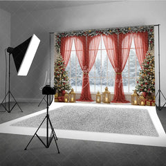 Lofaris Grand Christmas Window Photography Backdrop Red Curtains with Snowy View Elegant Holiday Mini Session Background