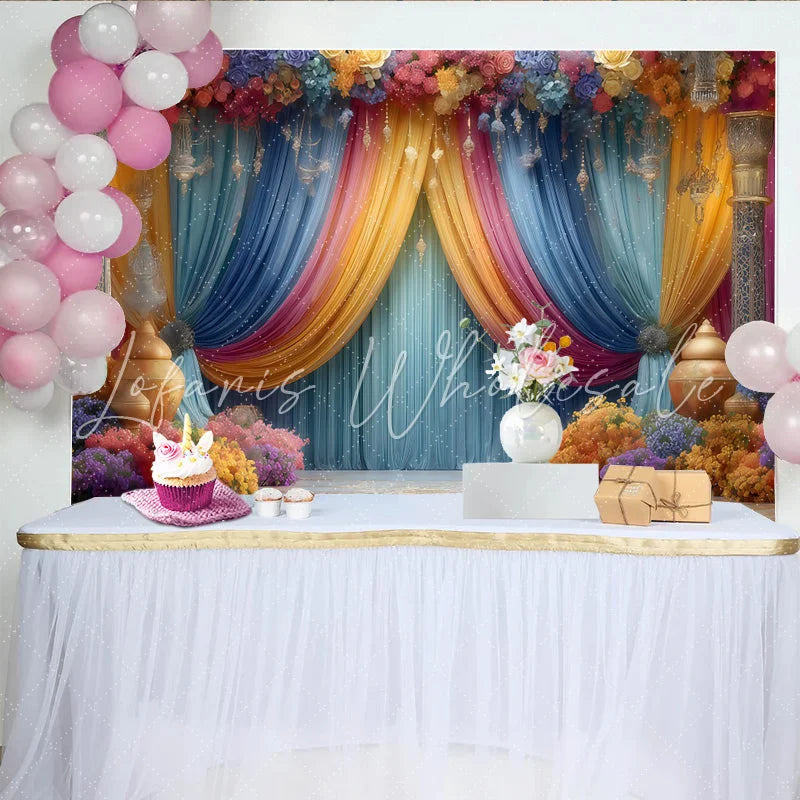 Lofaris Grand Floral Stage Backdrop Ornate Pillars and Lanterns Royal Wedding Party Banner