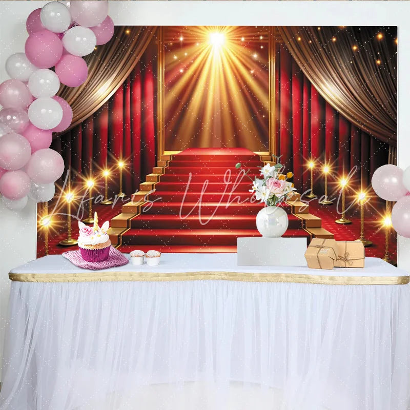 Lofaris Grand Red Carpet Photography Backdrop with Golden Staircase Luxurious Event Background for Awards Ceremony or Party Decor