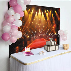 Lofaris Grand Red Carpet Stage Photography Backdrop with Golden Spotlights and Red Curtains Event Background for Awards Ceremony