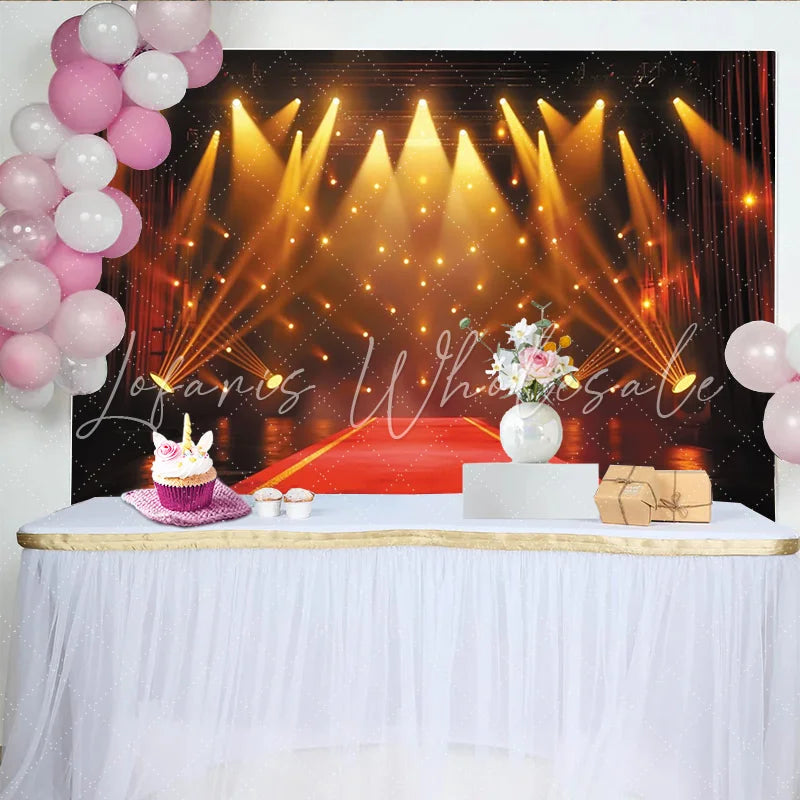 Lofaris Grand Red Carpet Stage Photography Backdrop with Golden Spotlights and Red Curtains Event Background for Awards Ceremony