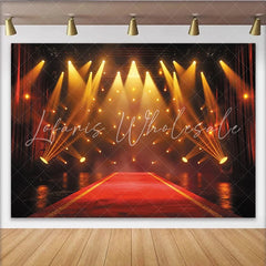 Lofaris Grand Red Carpet Stage Photography Backdrop with Golden Spotlights and Red Curtains Event Background for Awards Ceremony