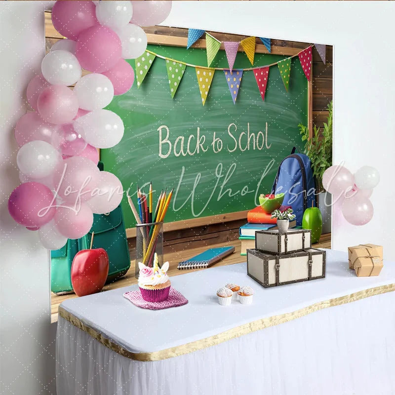 Lofaris Green Chalkboard Back to School Backdrop with Colorful Bunting and Supplies Vibrant Classroom Theme Background for Student