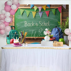 Lofaris Green Chalkboard Back to School Backdrop with Colorful Bunting and Supplies Vibrant Classroom Theme Background for Student