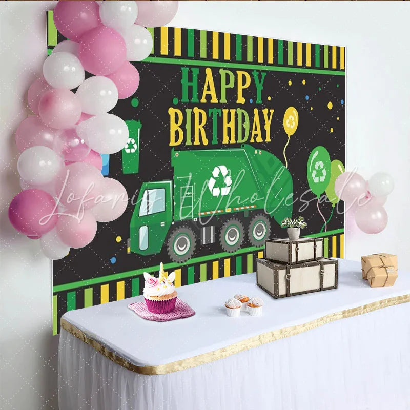 Lofaris Green Garbage Truck Birthday Backdrop Waste Management Recycling Theme Party Decoration Boy Happy Birthday Banner Prop