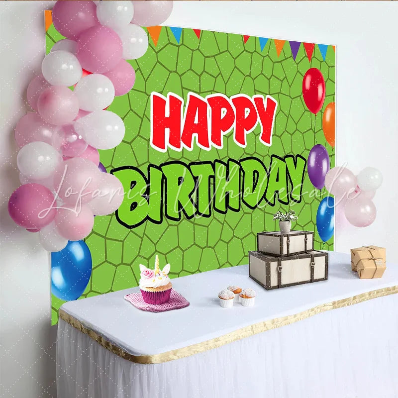 Lofaris Green Geometric Pattern Balloon Birthday Backdrop with Colorful Bunting Festive Party Background for Kids Photoshoot