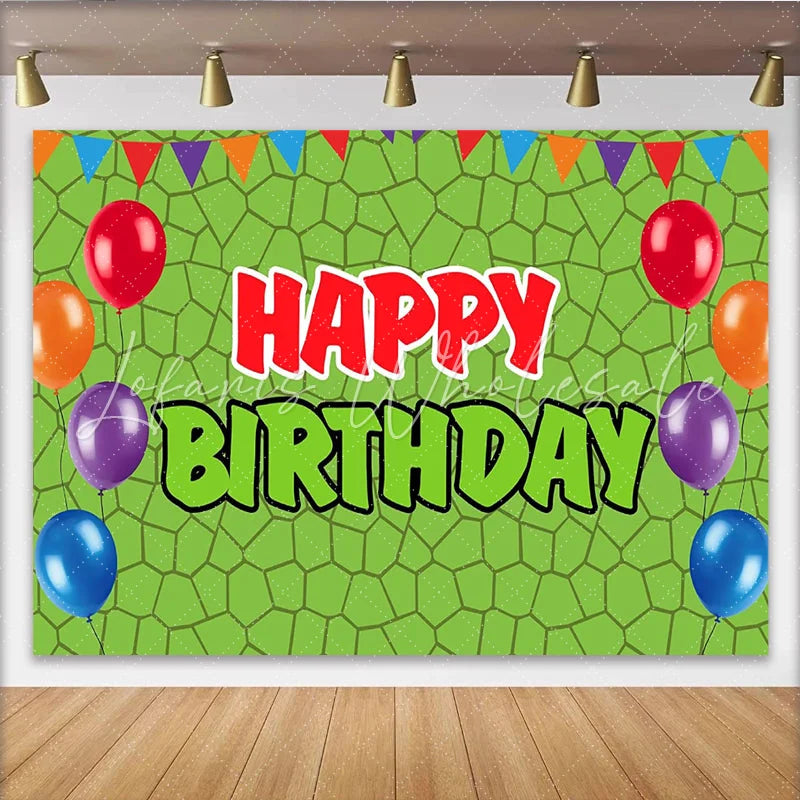 Lofaris Green Geometric Pattern Balloon Birthday Backdrop with Colorful Bunting Festive Party Background for Kids Photoshoot