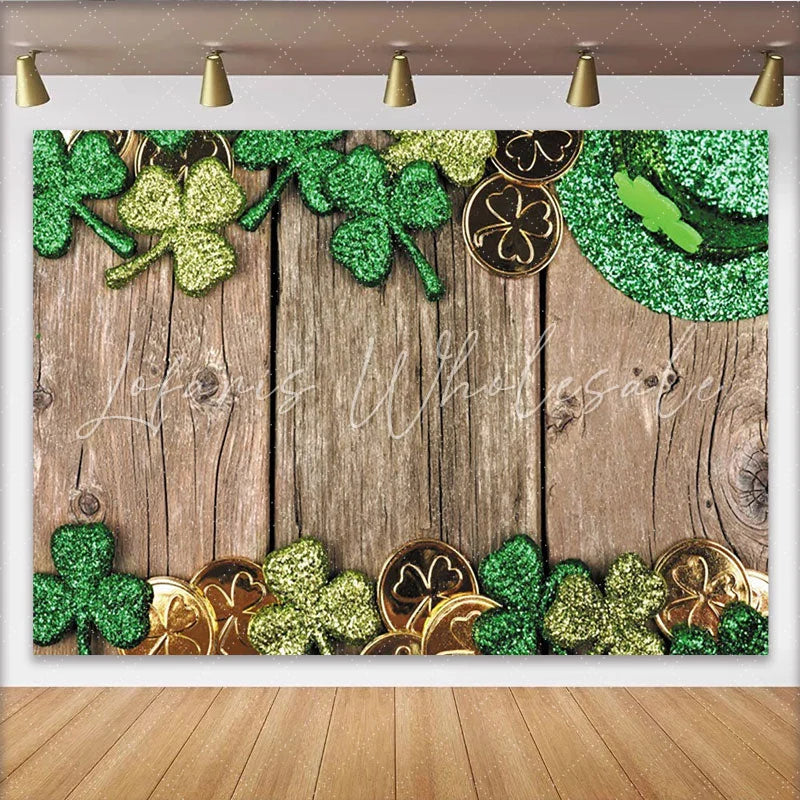 Lofaris Green Glitter Shamrocks and Gold Coins St Patricks Day Party Backdrop Rustic Wooden Background for Irish Celebration