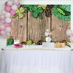 Lofaris Green Glitter Shamrocks and Gold Coins St Patricks Day Party Backdrop Rustic Wooden Background for Irish Celebration