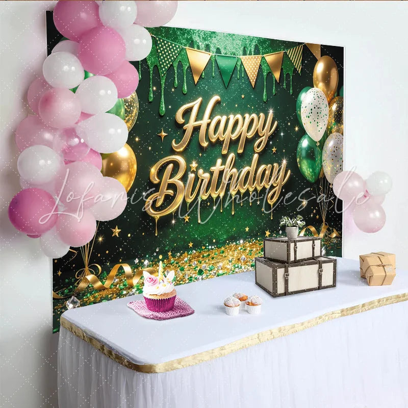 Lofaris Green Gold Glitter Happy Birthday Backdrop with Balloons and Confetti Festive Party Background for Photography