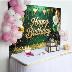 Lofaris Green Gold Glitter Happy Birthday Backdrop with Balloons and Confetti Festive Party Background for Photography