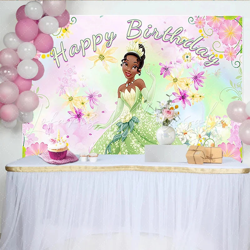Lofaris Green Gown Cartoon Birthday Backdrop with Floral Design Vibrant Party Background for Girls Photoshoot Decoration