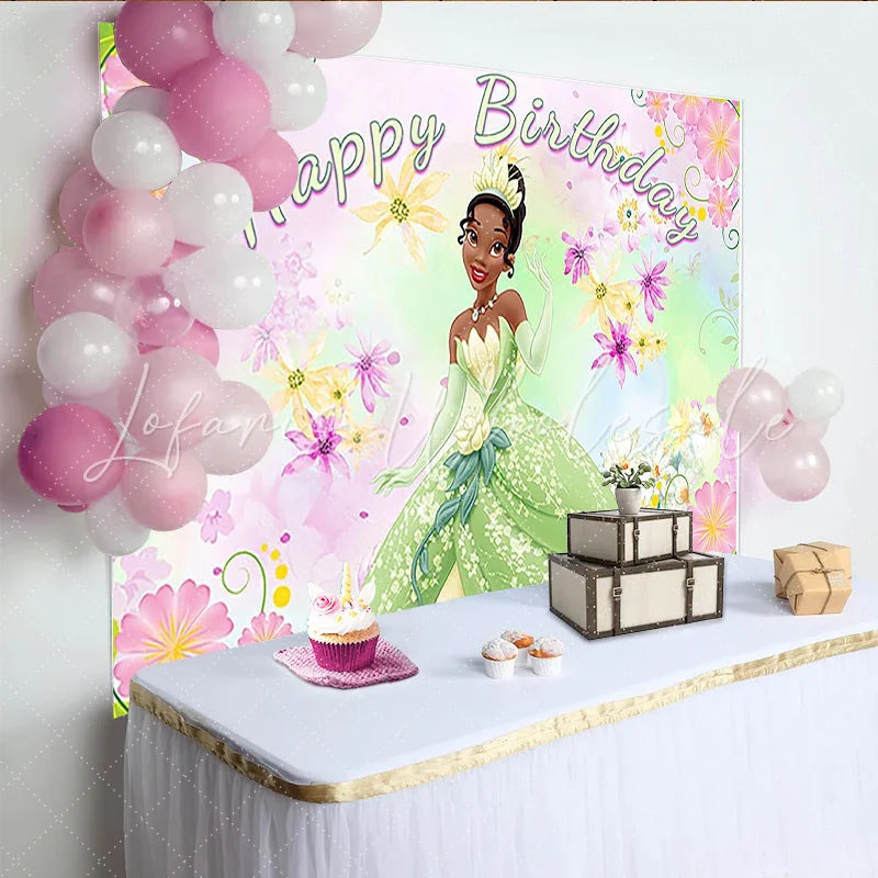 Lofaris Green Gown Cartoon Birthday Backdrop with Floral Design Vibrant Party Background for Girls Photoshoot Decoration