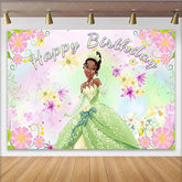 Lofaris Green Gown Cartoon Birthday Backdrop with Floral Design Vibrant Party Background for Girls Photoshoot Decoration