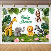 Lofaris Green Jungle Safari Baby Shower Backdrop with Cute Animals and Lush Foliage White Background Photography Prop for Party Decor