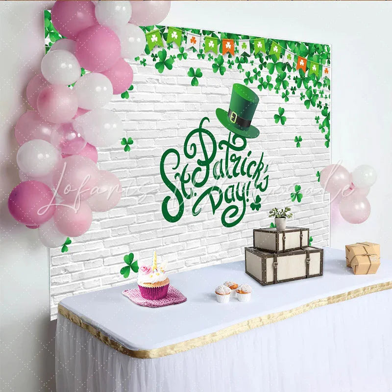 Lofaris Green Shamrock St. Patrick’s Day Party Backdrop with Leprechaun Hat and Brick Wall Festive Holiday Decor