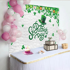 Lofaris Green Shamrock St. Patrick’s Day Party Backdrop with Leprechaun Hat and Brick Wall Festive Holiday Decor