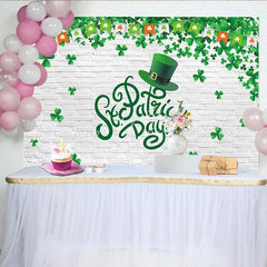 Lofaris Green Shamrock St. Patrick’s Day Party Backdrop with Leprechaun Hat and Brick Wall Festive Holiday Decor