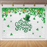 Lofaris Green Shamrock St. Patrick’s Day Party Backdrop with Leprechaun Hat and Brick Wall Festive Holiday Decor