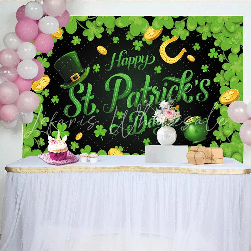 Lofaris Green Shamrocks and Gold Coins Happy St. Patrick’s Day Party Backdrop featuring a Leprechaun Hat and Pot of Gold Decor.