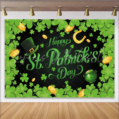 Lofaris Green Shamrocks and Gold Coins Happy St. Patrick’s Day Party Backdrop featuring a Leprechaun Hat and Pot of Gold Decor.