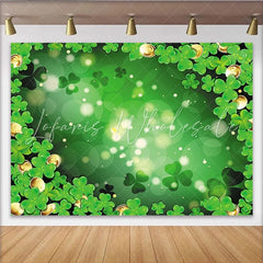 Lofaris Green Shamrocks and Gold Coins Party Backdrop featuring Bokeh Lights for St. Patrick’s Day Celebration