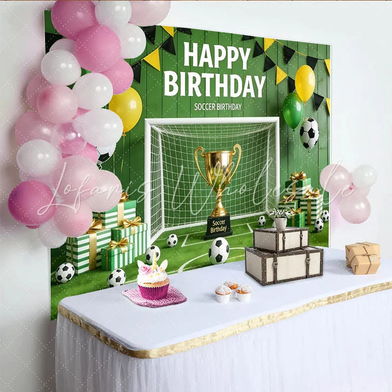 Lofaris Green Soccer Birthday Backdrop with Trophy Goal and Balloons Sports Field Background for Kids Party Photography