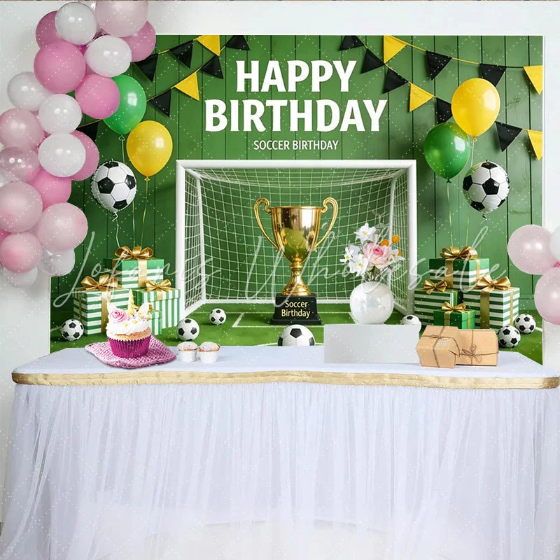Lofaris Green Soccer Birthday Backdrop with Trophy Goal and Balloons Sports Field Background for Kids Party Photography