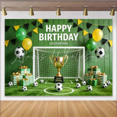 Lofaris Green Soccer Birthday Backdrop with Trophy Goal and Balloons Sports Field Background for Kids Party Photography