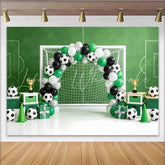 Lofaris Green Soccer Field Birthday Backdrop with Goal and Balloons Festive Sports Theme Background for Kids Party Photoshoot
