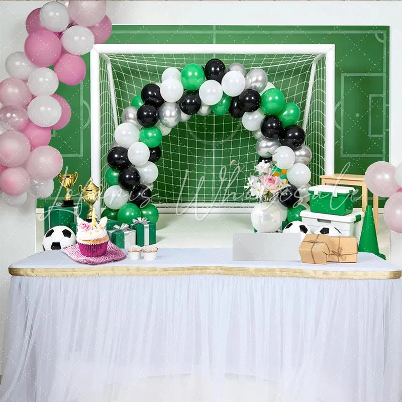 Lofaris Green Soccer Field Birthday Backdrop with Goal Balloons and Trophies Sports Theme Party Background for Photo Booth Decor