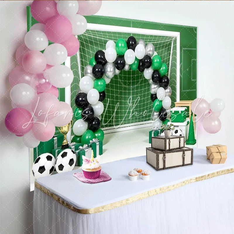 Lofaris Green Soccer Field Birthday Backdrop with Goal Balloons and Trophies Sports Theme Party Background for Photo Booth Decor