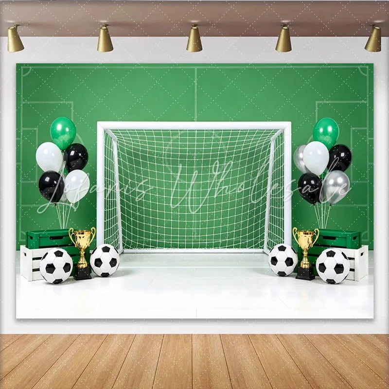 Lofaris Green Soccer Field Birthday Backdrop with Goal Balls Trophies and Balloons Sports Theme Party Photography Background Decor