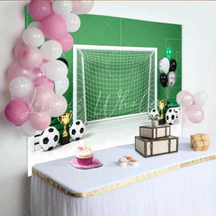 Lofaris Green Soccer Field Birthday Backdrop with Goal Balls Trophies and Balloons Sports Theme Party Photography Background Decor