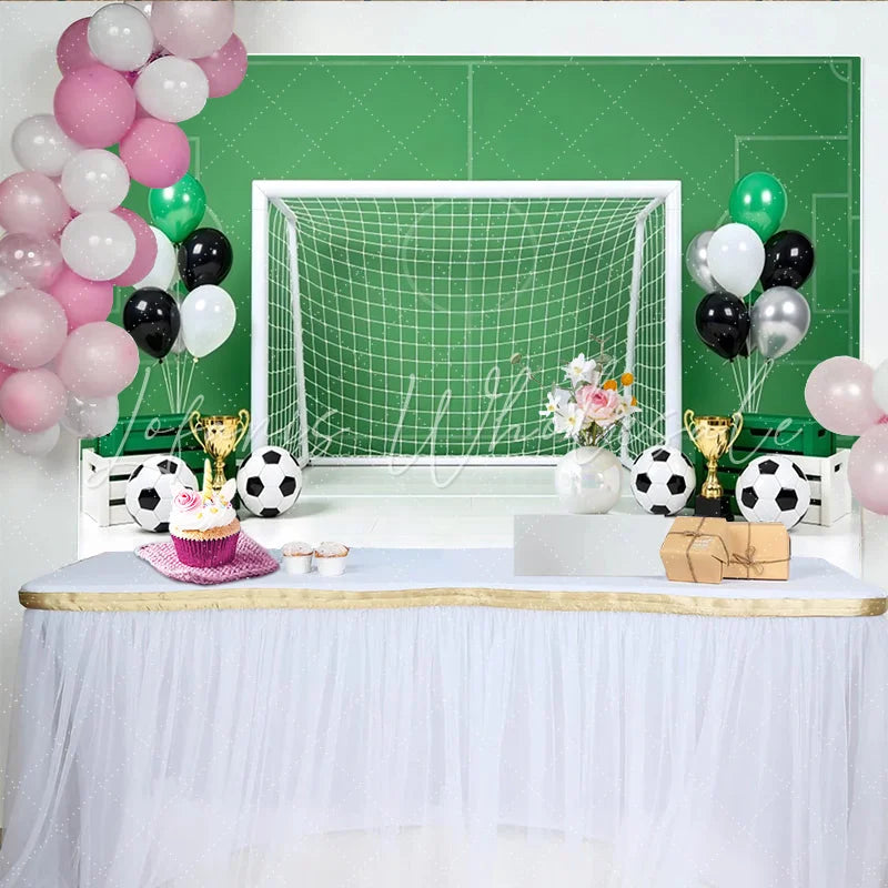 Lofaris Green Soccer Field Birthday Backdrop with Goal Balls Trophies and Balloons Sports Theme Party Photography Background Decor
