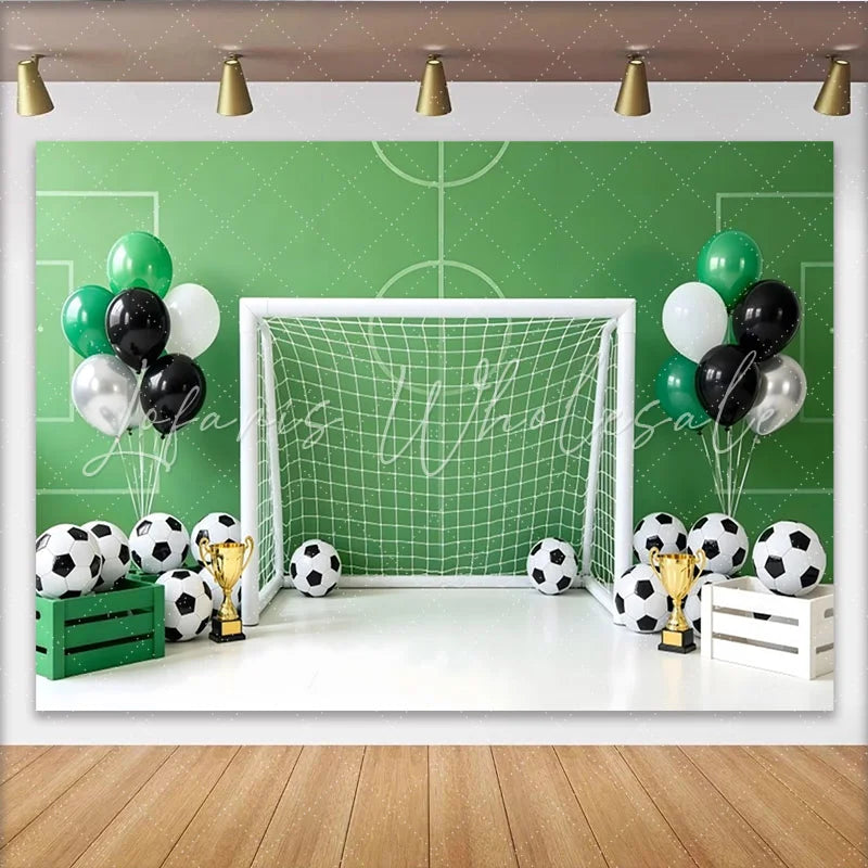 Lofaris Green Soccer Field Birthday Backdrop with Goal Soccer Balls and Trophies Sports Theme Party Decoration for Photoshoot