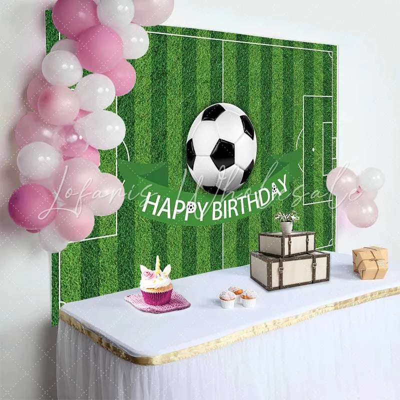 Lofaris Green Soccer Field Happy Birthday Backdrop Sports Theme Boys Birthday Party Photography Background