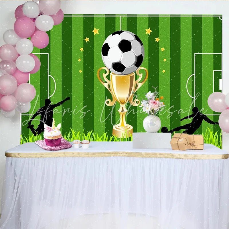 Lofaris Green Soccer Field Photography Backdrop with Golden Trophy Ball and Player Silhouettes Sports Theme Background for Party