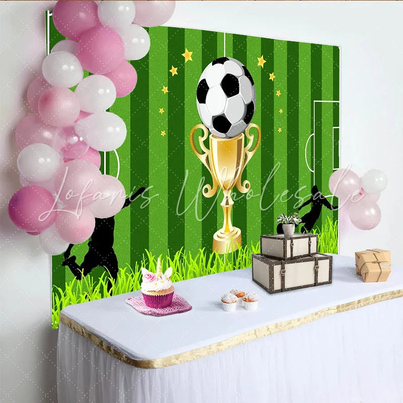 Lofaris Green Soccer Field Photography Backdrop with Golden Trophy Ball and Player Silhouettes Sports Theme Background for Party