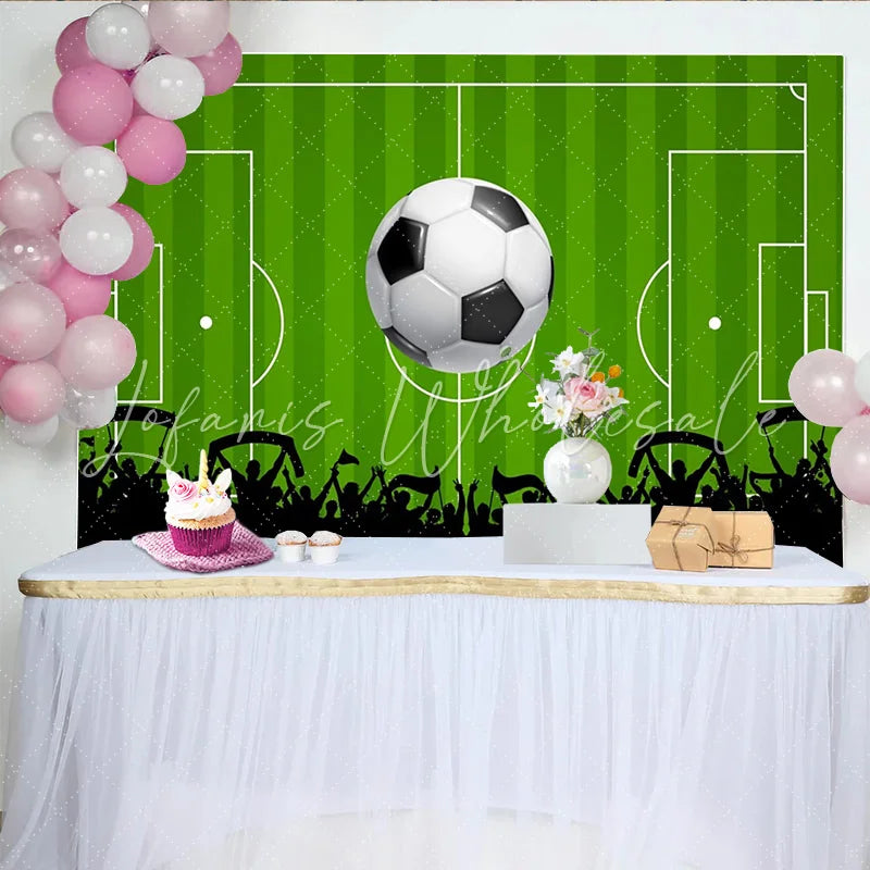 Lofaris Green Soccer Field Photography Backdrop with Large Ball and Cheering Crowd Dynamic Sports Game Day Background for Party Decoration