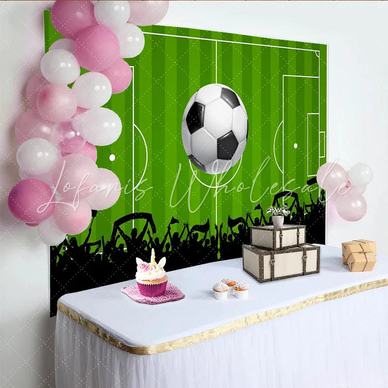 Lofaris Green Soccer Field Photography Backdrop with Large Ball and Cheering Crowd Dynamic Sports Game Day Background for Party Decoration