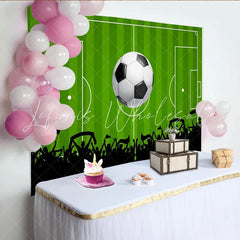 Lofaris Green Soccer Field Photography Backdrop with Large Ball and Cheering Crowd Dynamic Sports Game Day Background for Party Decoration
