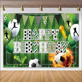 Lofaris Green Soccer Field Sports Birthday Backdrop with Player Silhouettes Happy Birthday Party Decor and Trophy for Photoshoot