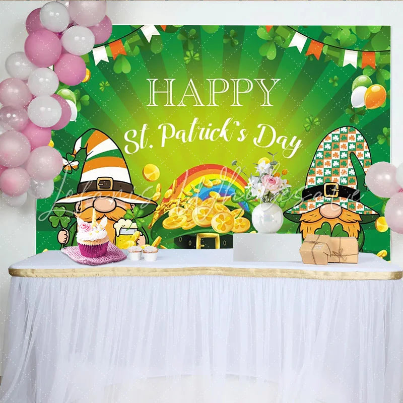 Lofaris Green St. Patrick’s Day Gnomes Shamrocks Party Backdrop with Pot of Gold and Rainbow Festive Irish Celebration Decor