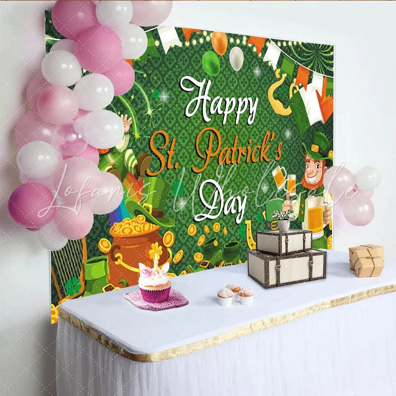 Lofaris Green St. Patrick’s Day Party Backdrop Featuring Cheerful Leprechauns and Gold Coins for Festive Decor