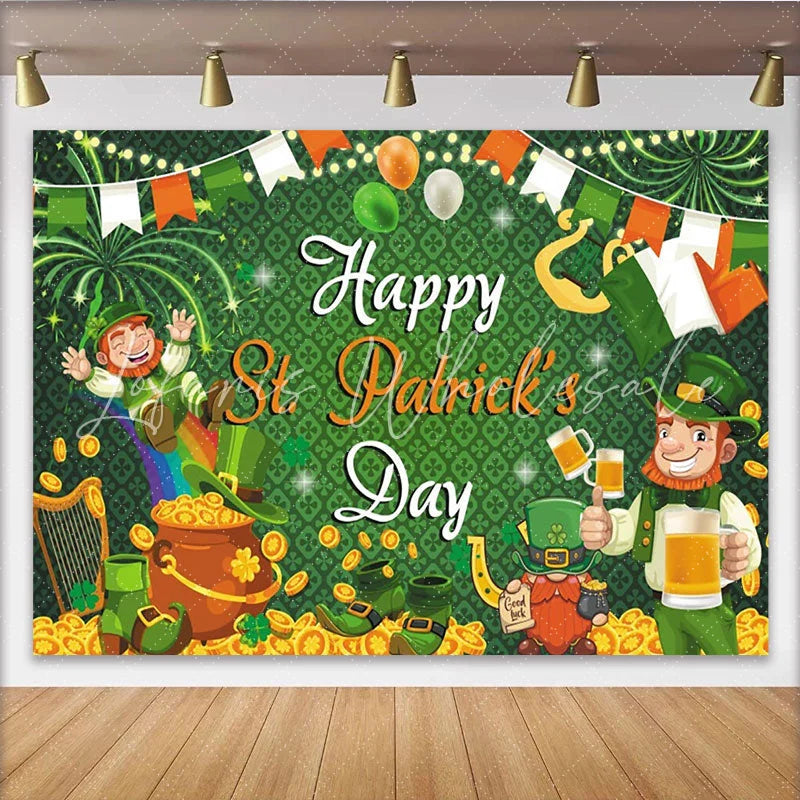 Lofaris Green St. Patrick’s Day Party Backdrop Featuring Cheerful Leprechauns and Gold Coins for Festive Decor
