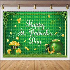 Lofaris Green St. Patrick’s Day Party Backdrop with Shamrocks and Gold Coins Lucky Leprechaun Hat and Pot of Gold Decor