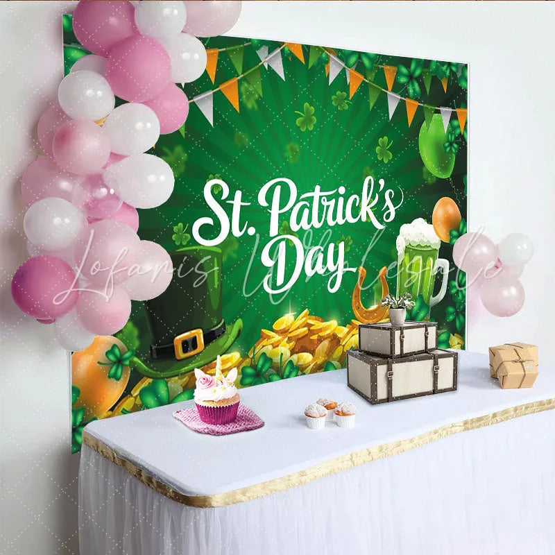 Lofaris Green St. Patrick’s Day Party Backdrop with Shamrocks Leprechaun Hat and Gold Coins Festive Celebration Decor